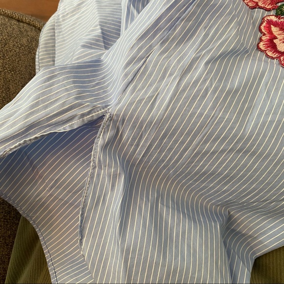 Zara Woman Off Shoulder Pinstripe Embroidered Floral Dress Tunic Medium Blue Red - Picture 14 of 14